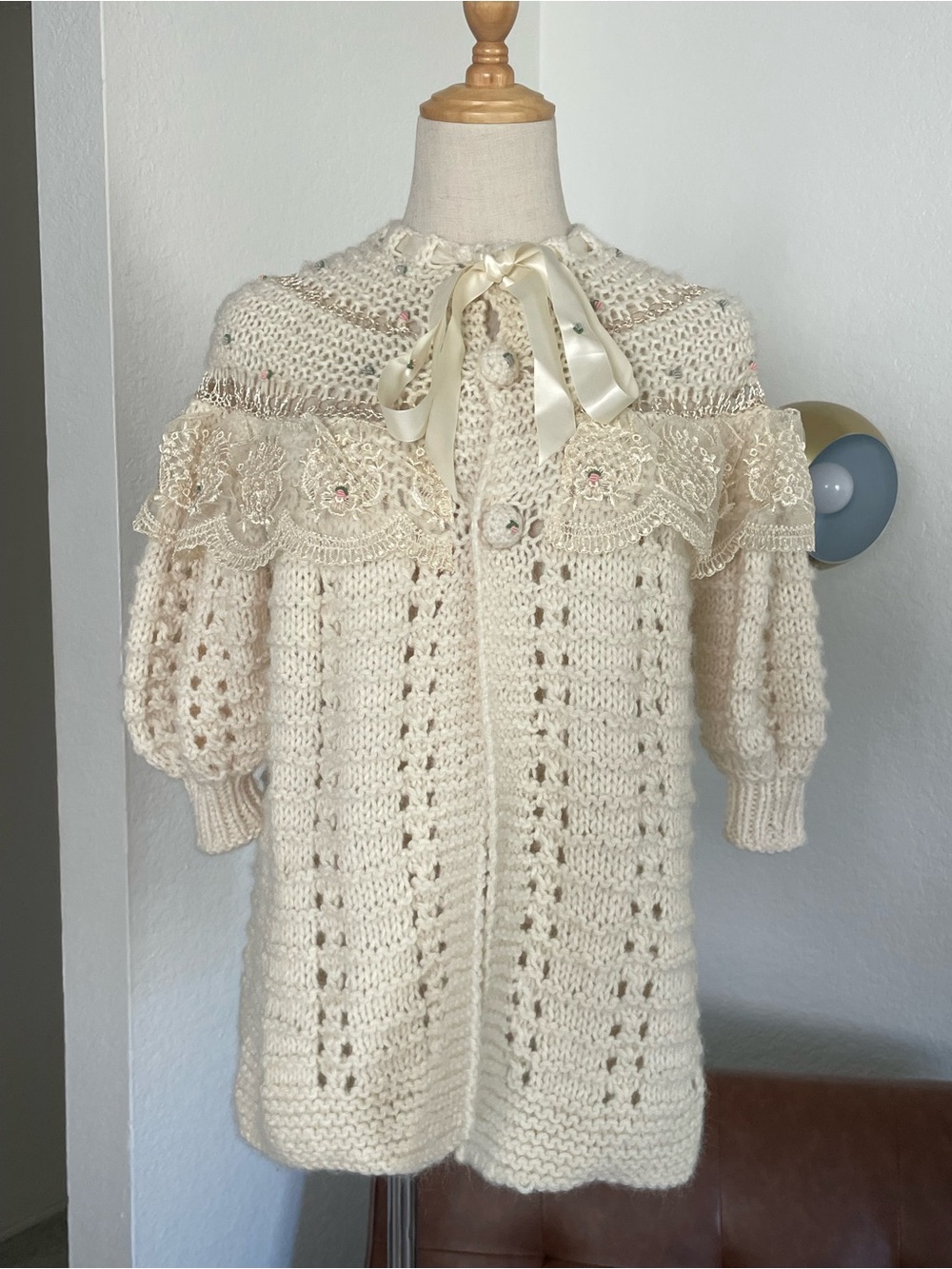 Vintage Boho Fairy Cottagecore Crochet Knit Lace Trim Tie Sweater